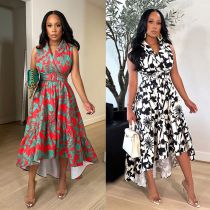 Slim Fit Fashion Print Pullover Sleeveless Ruffle Edge Waist Wrapped Dress Slim Fit Fashion Print Pullover Sleeveless Ruffle Edge Waist Wrapped Dress