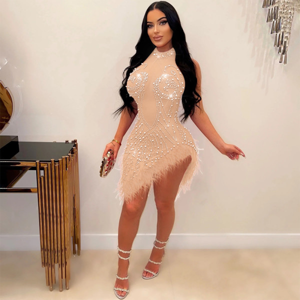 Women's Fashion Sexy Mesh Hot Diamond Bubble Bead Feather Dress