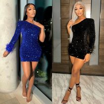 Women's sexy tight fitting beaded diagonal shoulder dress with feather sleeves