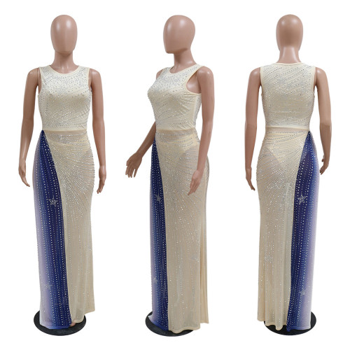 Shang Yuan Neck Sleeveless High Split Dress with Perspective Panel Hot Diamond Party Style Including Underwear