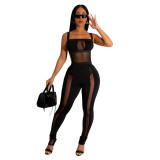 Sexy suspender jumpsuit+slim fitting pencil pants Fashion perspective two-piece set for women