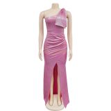 Fashion Women's Solid Bow Split Long Dress Dress