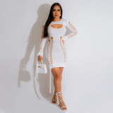 Women's Fashion Solid Color Sexy Hollow out Long Sleeve Round Neck Slim Fit Dress