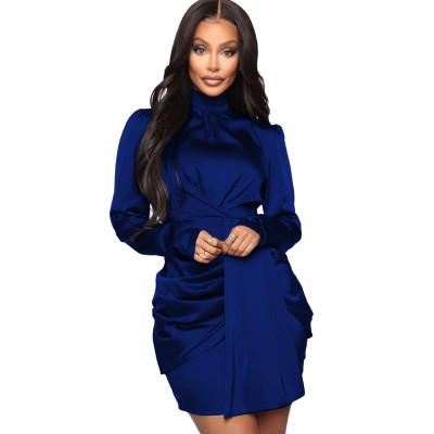 Women's sexy long sleeved high necked women's dress satin short skirt