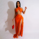 Women's sexy wrap chest strap tassel two piece dress set