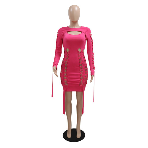 Women's Fashion Solid Color Sexy Hollow out Long Sleeve Round Neck Slim Fit Dress