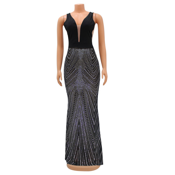 Women's sexy nightclub backless mesh hot diamond dress