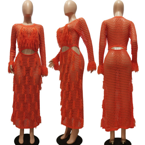Women's handmade tassel knitted casual hollow out sequin beach skirt long skirt