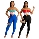 Fashionable contrast color patchwork solid color bra slim fitting jumpsuit for women