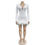Fashion women's solid color deep V feather patchwork shorts jumpsuit
