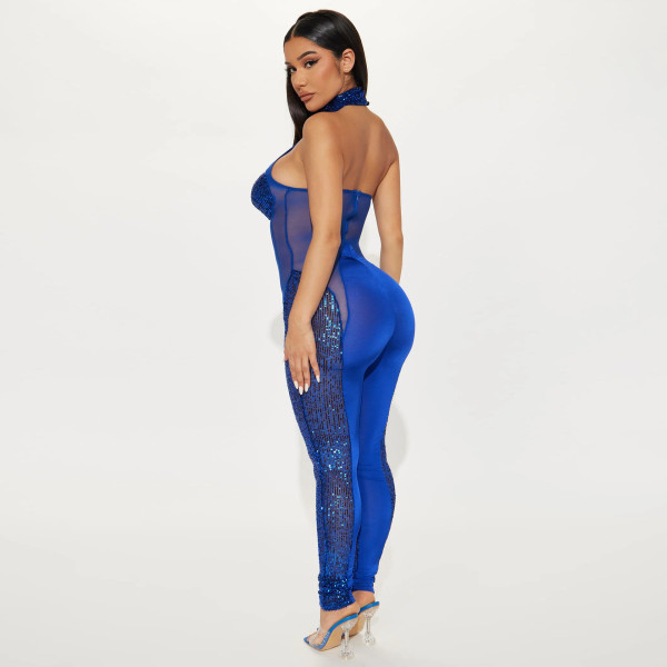 Sexy pearl film perspective jumpsuit women's slim fitting pants
