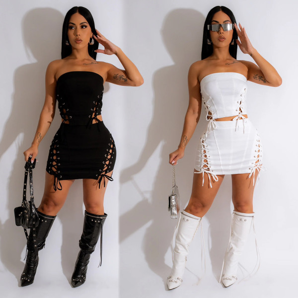 Fashion Women's Solid Color Rope Zipper Sleeveless Short Skirt Set of Two