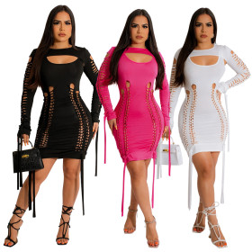Women's Fashion Solid Color Sexy Hollow out Long Sleeve Round Neck Slim Fit Dress