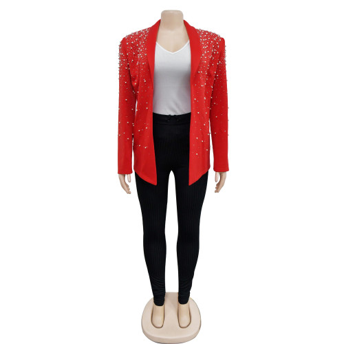 Fashion women's solid bubble bead large lapel long sleeve Blazer