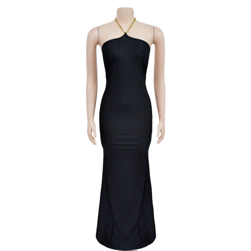 Fashion Women's Solid Color Sleeveless Shoulder Strap Open Back Long Dress