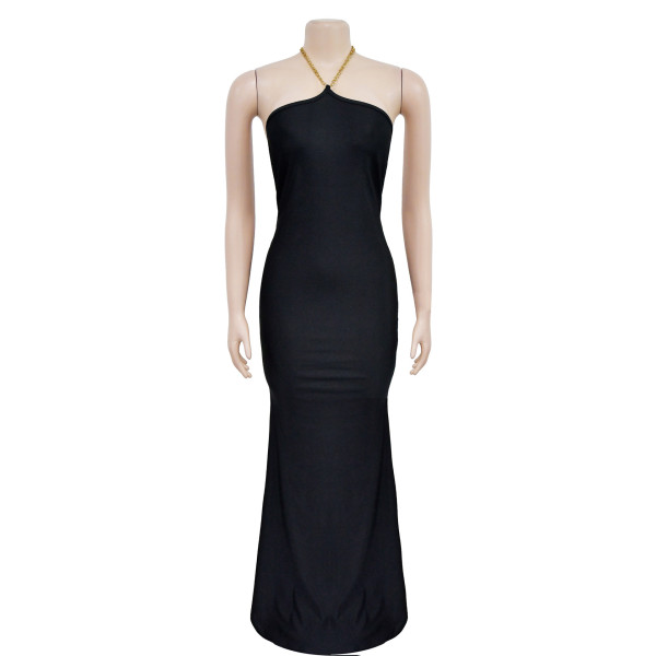Fashion Women's Solid Color Sleeveless Shoulder Strap Open Back Long Dress