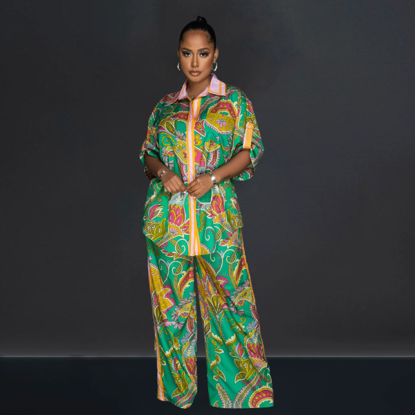 Fashion women's French printed shirt, short sleeved pants, two-piece set