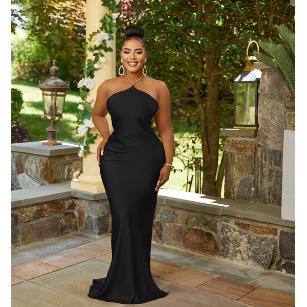 Fashion Women's Solid Color Sleeveless Shoulder Strap Open Back Long Dress