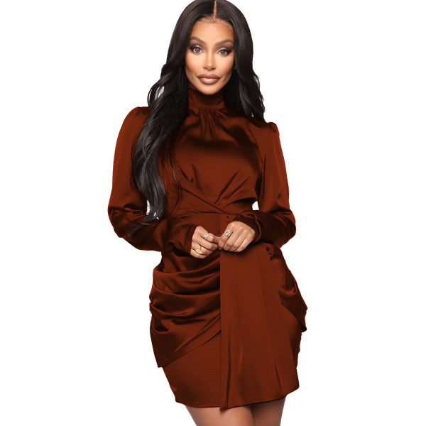 Women's sexy long sleeved high necked women's dress satin short skirt