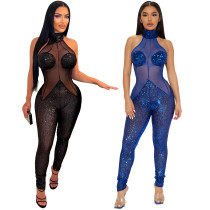 Sexy pearl film perspective jumpsuit women's slim fitting pants