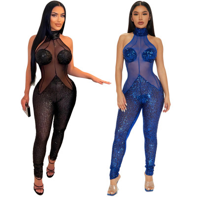 Sexy pearl film perspective jumpsuit women's slim fitting pants