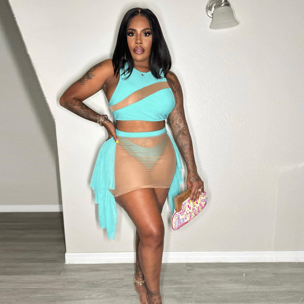 Solid mesh patchwork lace summer swimsuit bikini sexy perspective three piece set