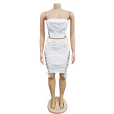 Fashion Women's Solid Color Rope Zipper Sleeveless Short Skirt Set of Two