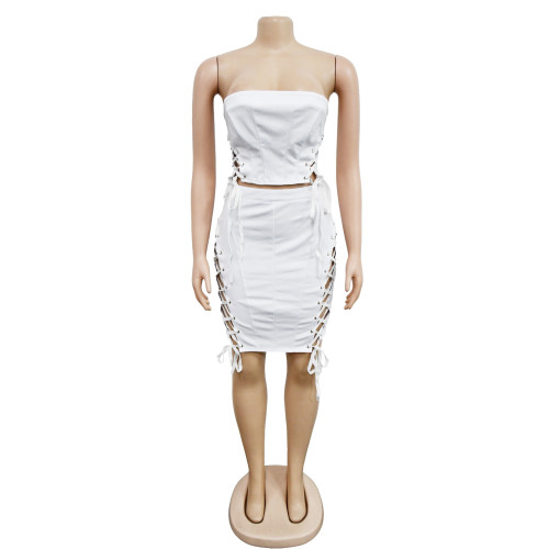 Fashion Women's Solid Color Rope Zipper Sleeveless Short Skirt Set of Two