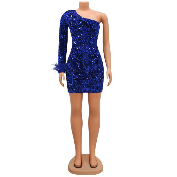 Women's sexy tight fitting beaded diagonal shoulder dress with feather sleeves