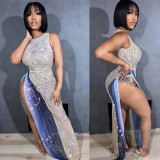 Shang Yuan Neck Sleeveless High Split Dress with Perspective Panel Hot Diamond Party Style Including Underwear