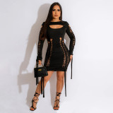 Women's Fashion Solid Color Sexy Hollow out Long Sleeve Round Neck Slim Fit Dress