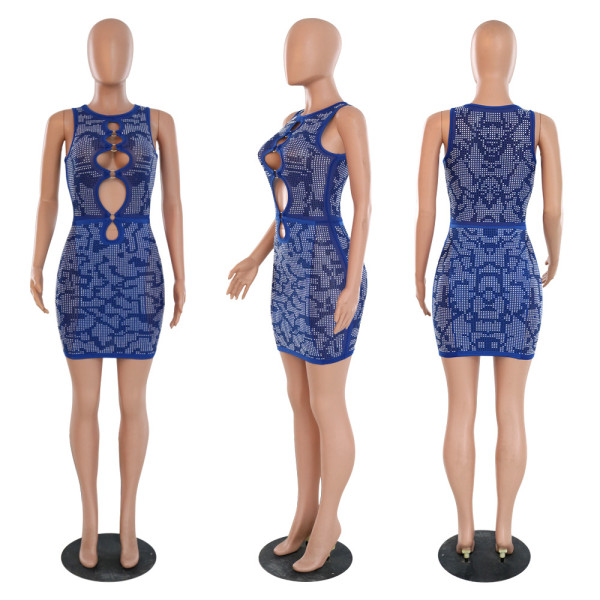 Sexy Hollow Sleeveless Wrap Hip Dress Casual Hot Diamond Party Style