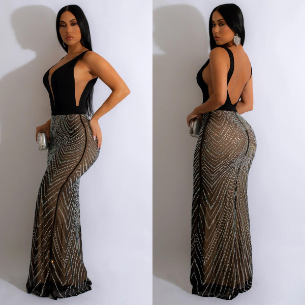 Women's sexy nightclub backless mesh hot diamond dress