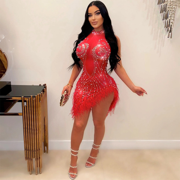 Women's Fashion Sexy Mesh Hot Diamond Bubble Bead Feather Dress