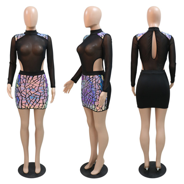 Sexy Hollow Out Perspective Beaded Short Skirt Fashion Long Sleeve Style