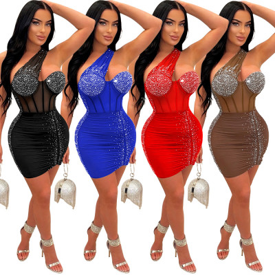 Sexy Diagonal Shoulder Hot Diamond Wrap Hip A-line Short Skirt Perspective Dress