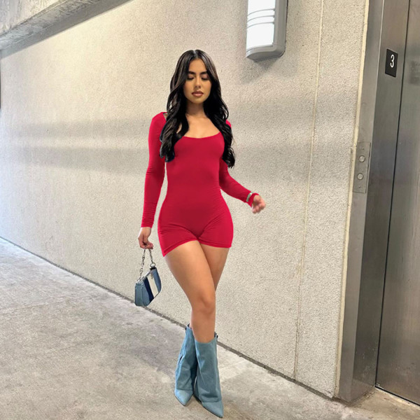 Sexy and Comfortable Solid Color Shoulder Sleeves Off Back Jumpsuit