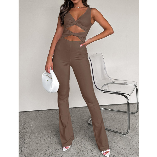 Fashion solid color thin cut out kink one-piece Bell-bottoms