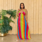 Sexy colorful printed pleated neck tie loose oversized dress