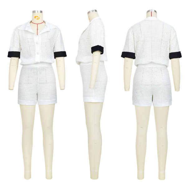 Solid color hollow out small fragrant shorts two-piece set