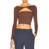 Comfortable solid color hollowed out twisted off shoulder multi wear T-shirt top