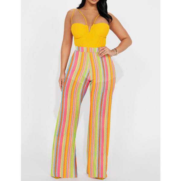 Women's colorful striped knitted hollowed out jacquard fashionable zippered wide leg pants