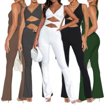 Fashion solid color thin cut out kink one-piece Bell-bottoms