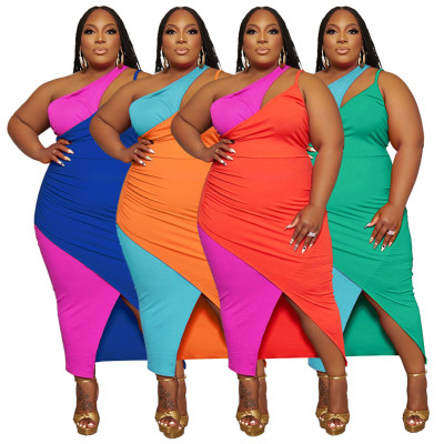Fashion Large Women's Pit Stripe Contrast Split Shoulder Zipper Dress