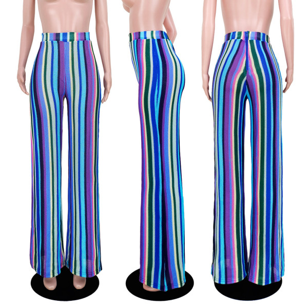 Women's colorful striped knitted hollowed out jacquard fashionable zippered wide leg pants