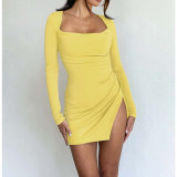 Sexy Open Back Strap Split Long Sleeve Swing Neck Dress