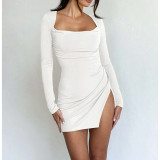 Sexy Open Back Strap Split Long Sleeve Swing Neck Dress