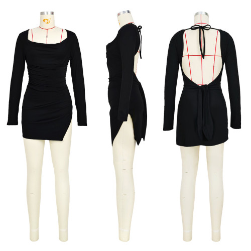 Sexy Open Back Strap Split Long Sleeve Swing Neck Dress