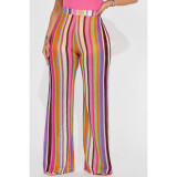 Women's colorful striped knitted hollowed out jacquard fashionable zippered wide leg pants