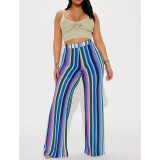 Women's colorful striped knitted hollowed out jacquard fashionable zippered wide leg pants